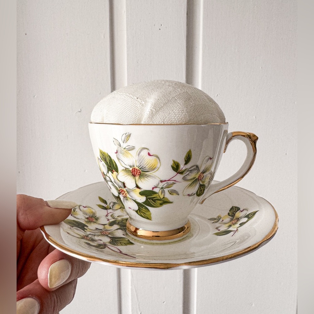 Repurposed Handmade Vintage Tea Cup Pincushion - Picture 2 of 9